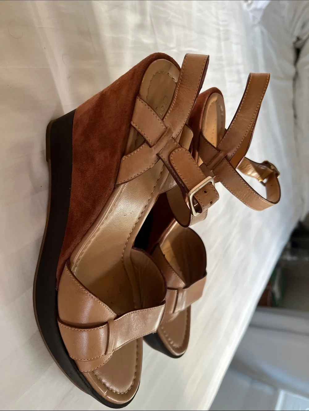 Cole Haan Brown Suede and Leather Wedge Sandal with Ankle Strap